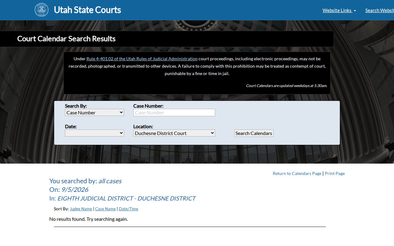 Duchesne District Court calendar result with hearing fields