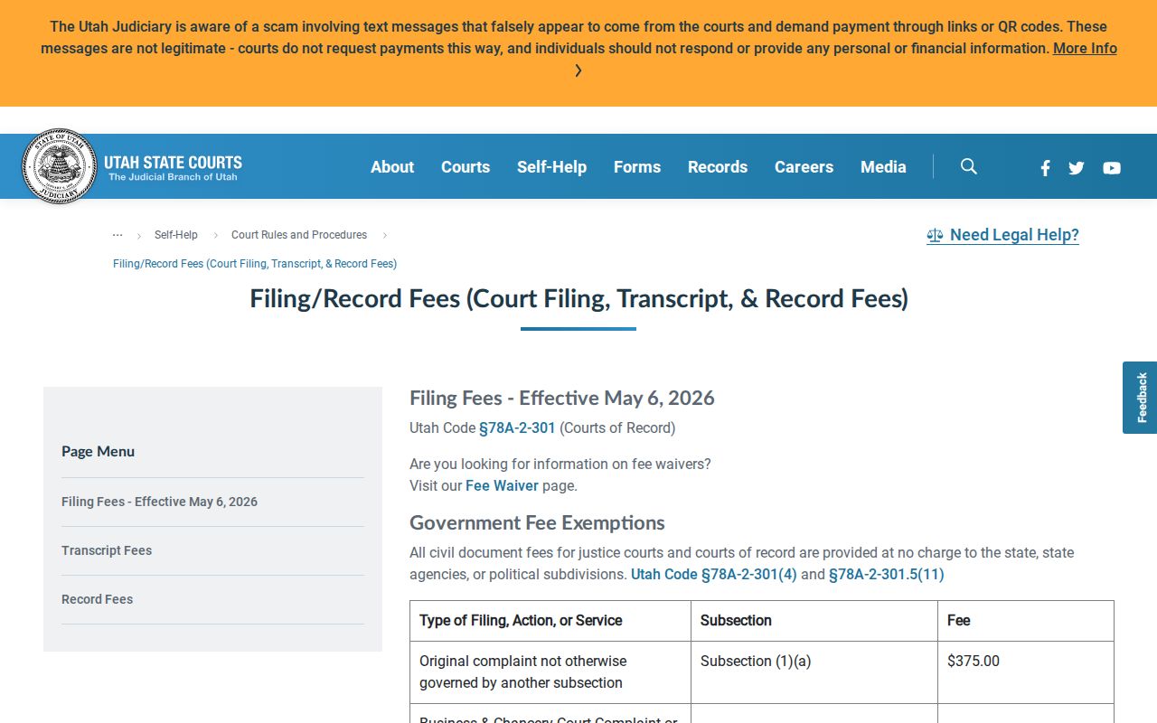 Duchesne County court record certified copy fee schedule
