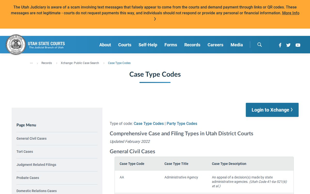 Utah XChange civil case type codes used in Duchesne County