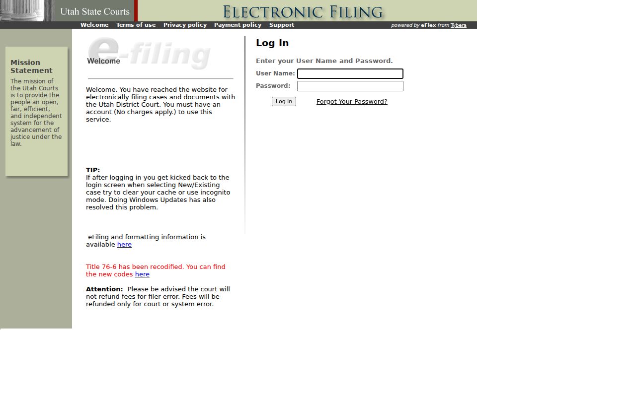 Utah District Court eFlex filing login separate from Duchesne County docket search