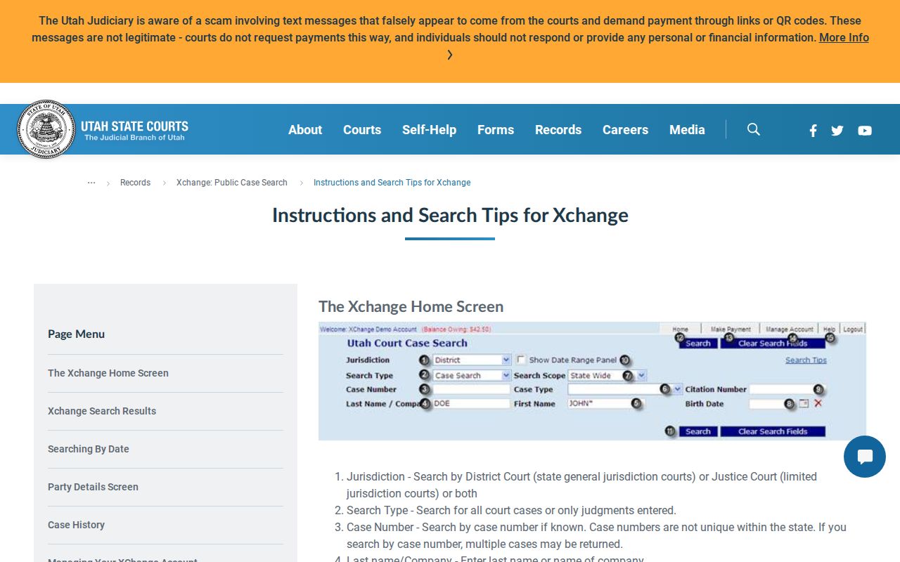 Official XChange controls used for Duchesne County civil docket searches