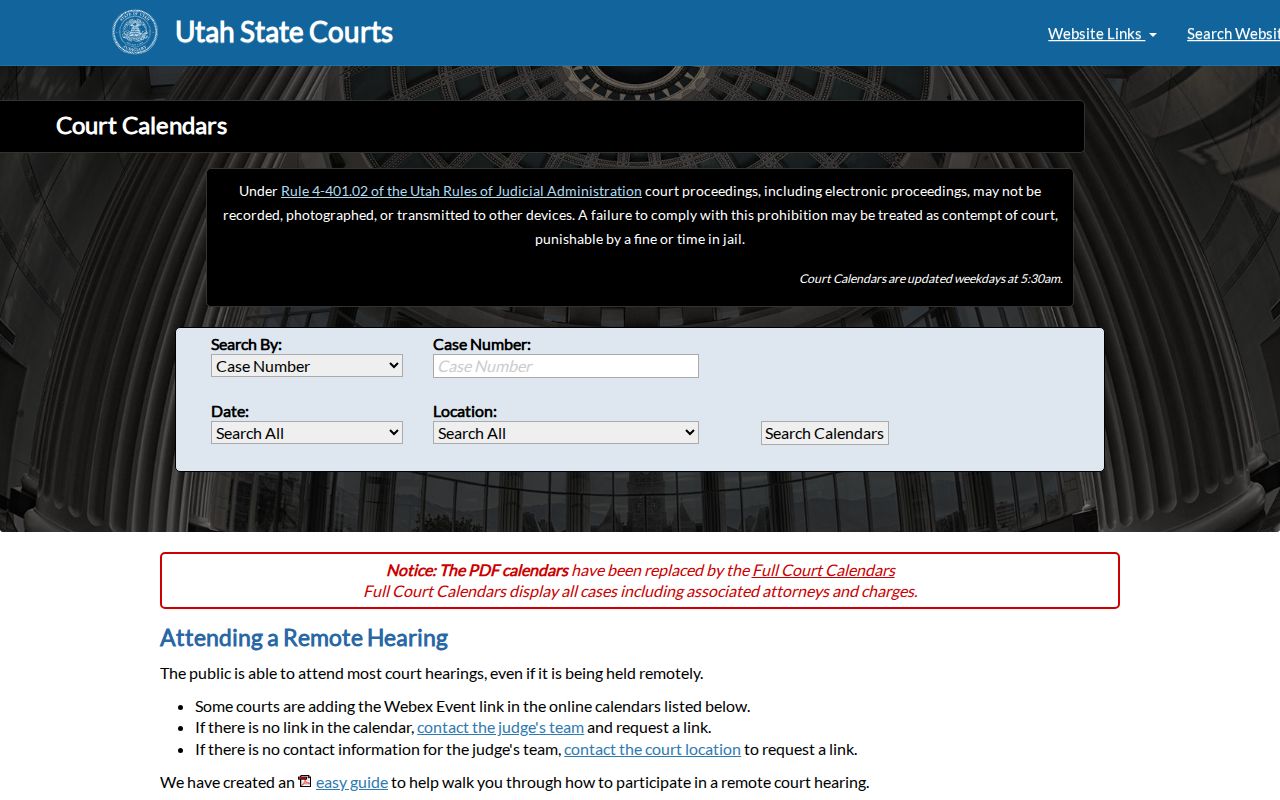 Utah court calendar search used to find Tabiona-connected hearings